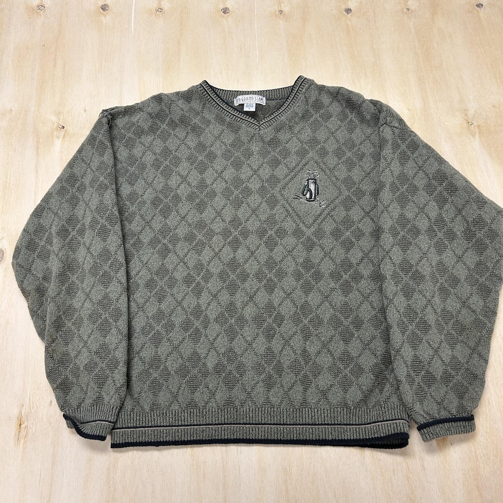 Vintage Grand Slam Sweater Mens Large Green Argyle Knit V Neck Golf Pullover USA